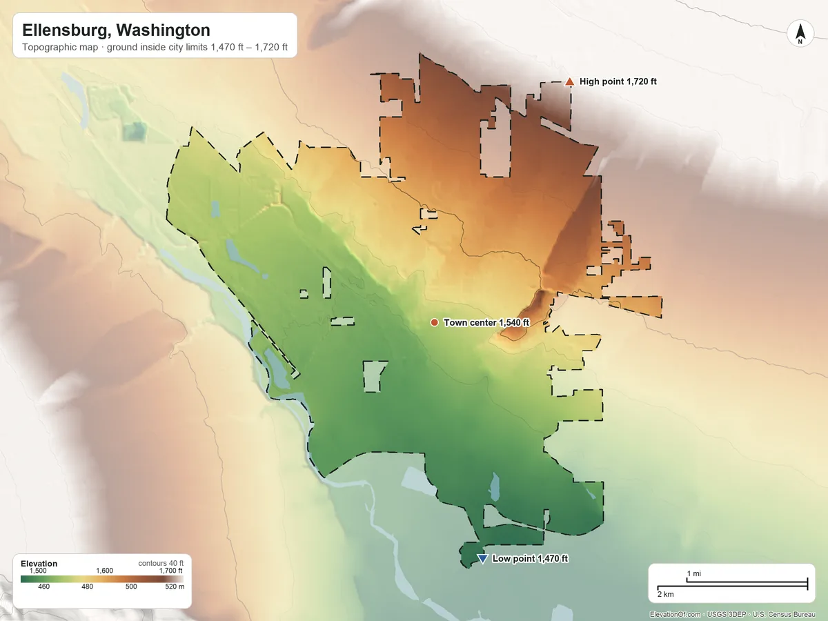 Topographic elevation map of Ellensburg, Washington, shaded from 1,470 ft on the south side to 1,720 ft on the northeast side
