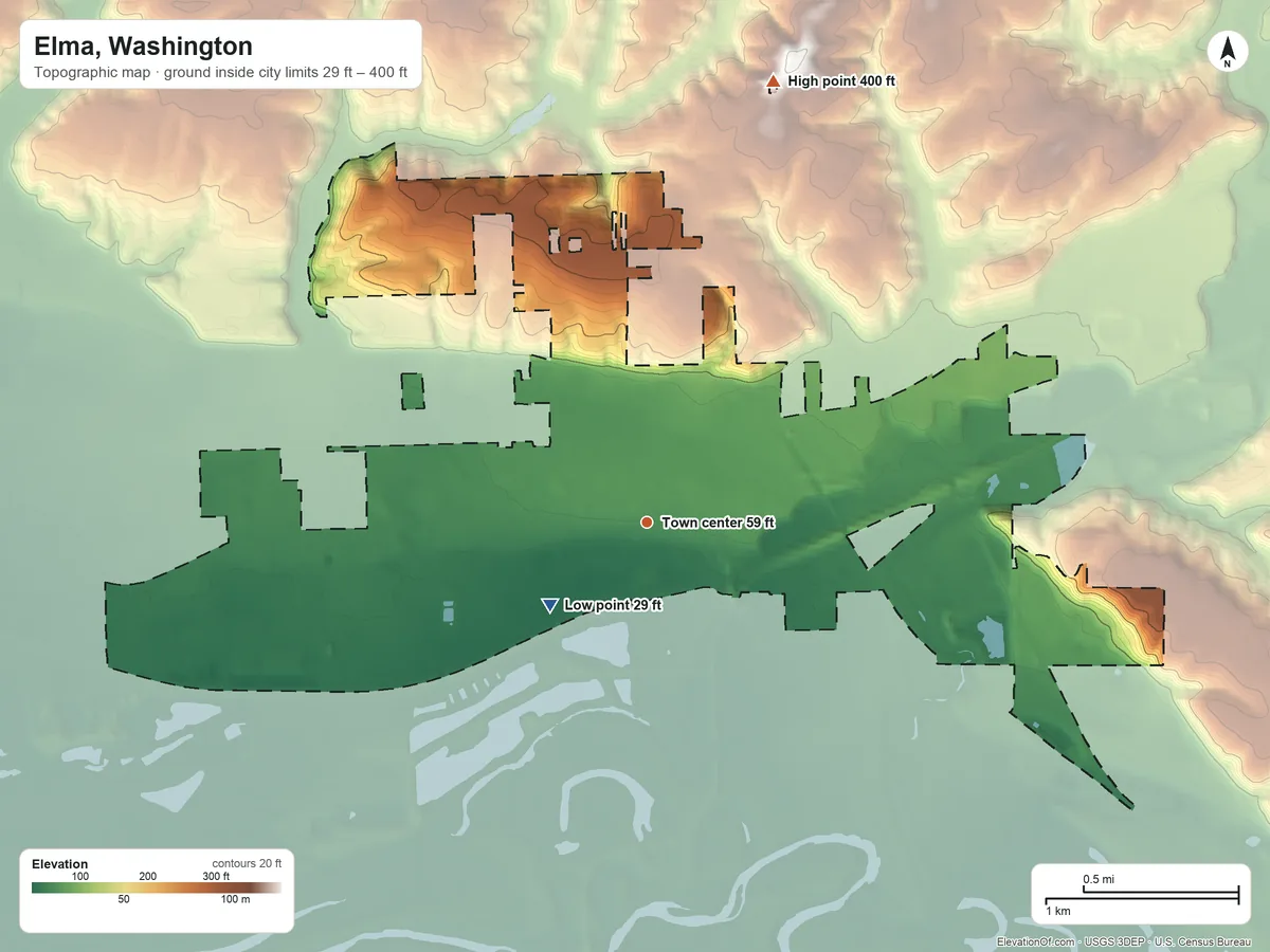 Topographic elevation map of Elma, Washington, shaded from 29 ft on the southwest side to 400 ft on the north side