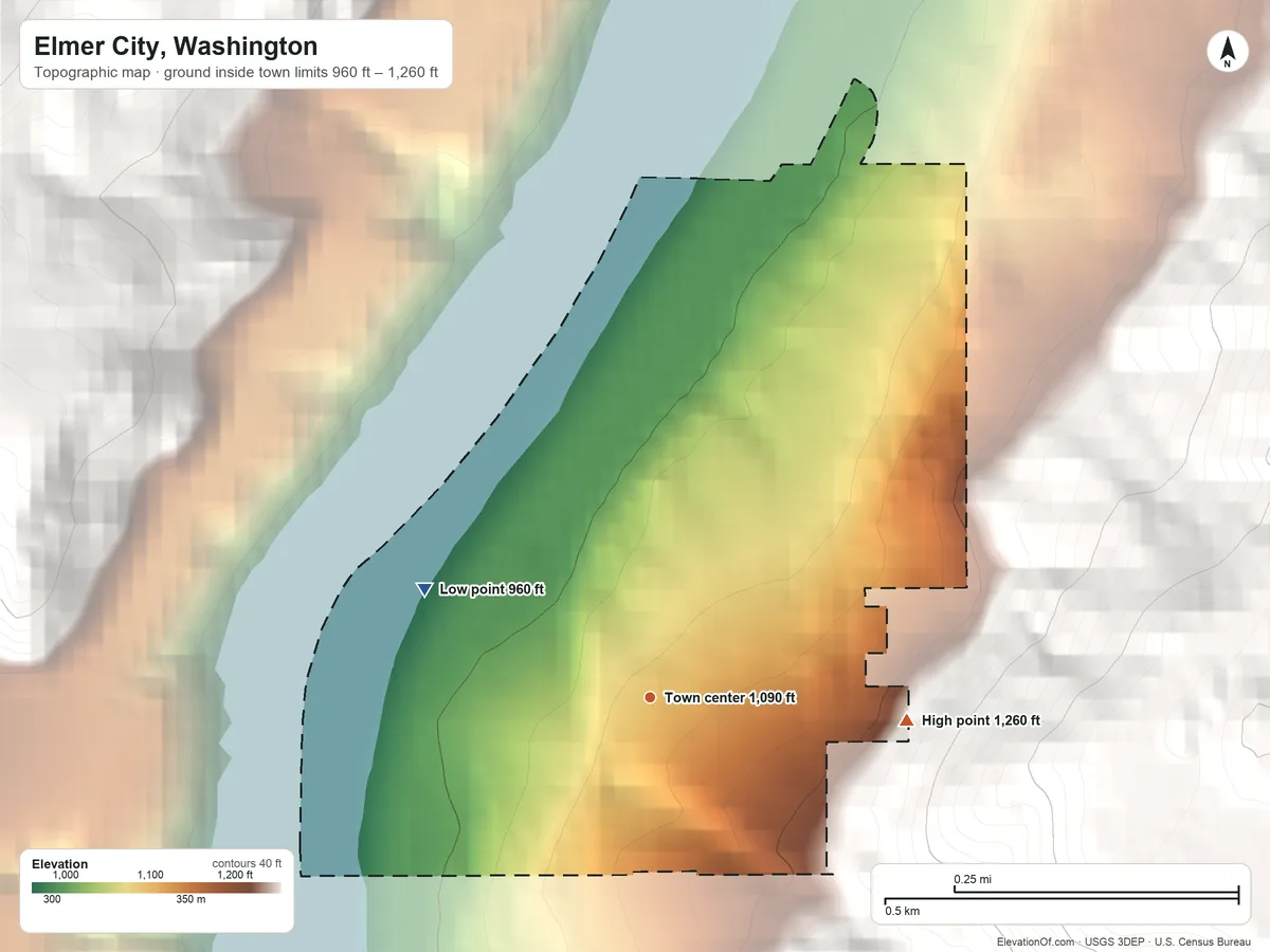 Topographic elevation map of Elmer City, Washington, shaded from 960 ft on the northwest side to 1,260 ft on the east edge, below higher ground just outside