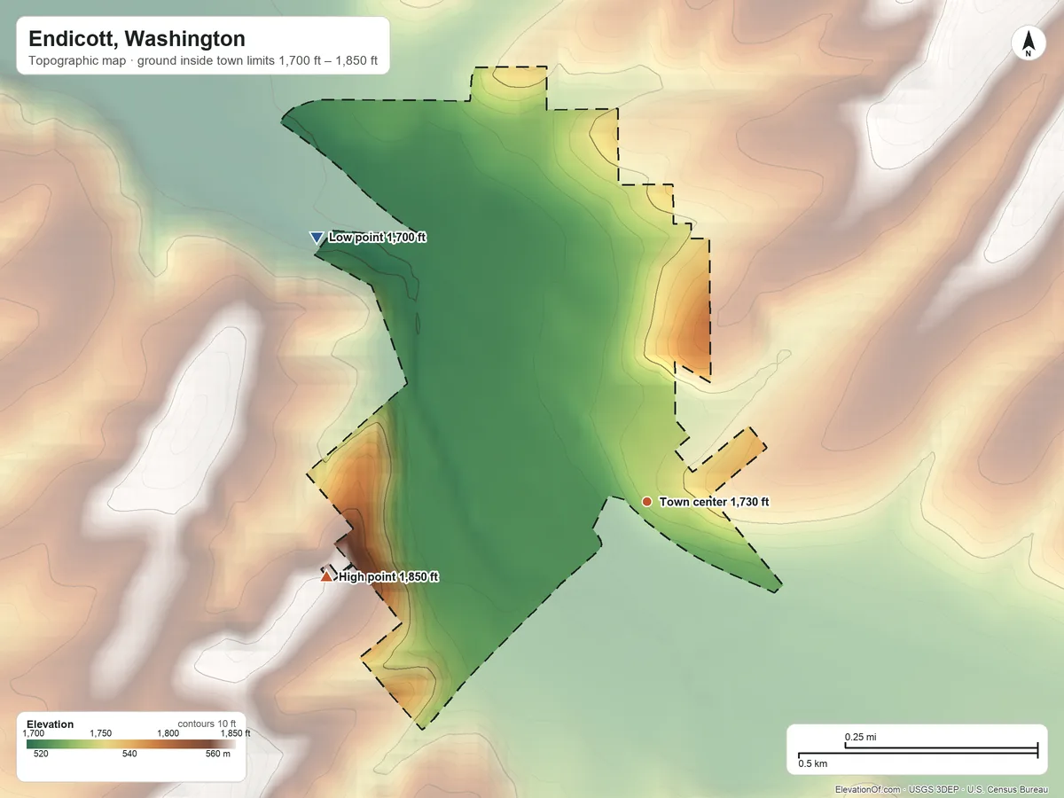 Topographic elevation map of Endicott, Washington, shaded from 1,700 ft on the northwest side to 1,850 ft on the west side