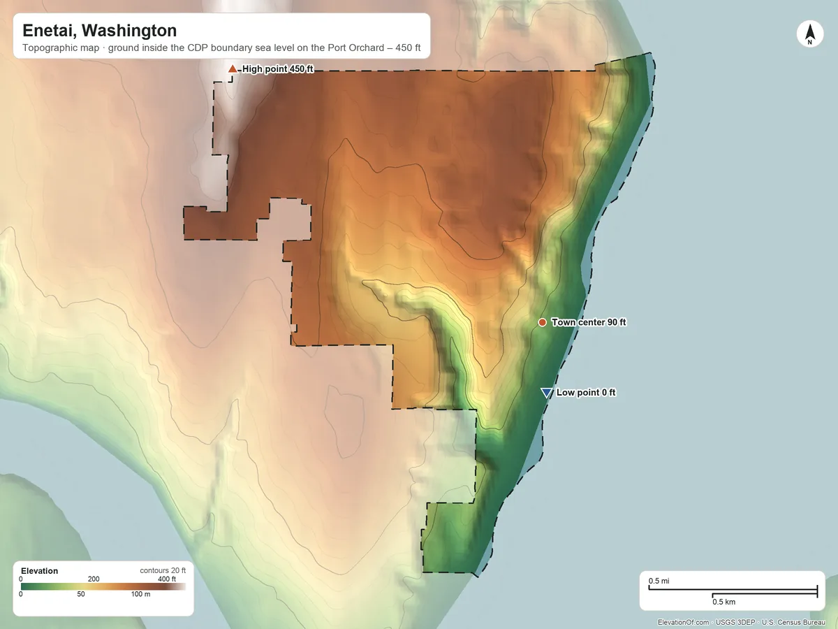 Topographic elevation map of Enetai, Washington, shaded from sea level level on the Port Orchard to 450 ft on the northwest side