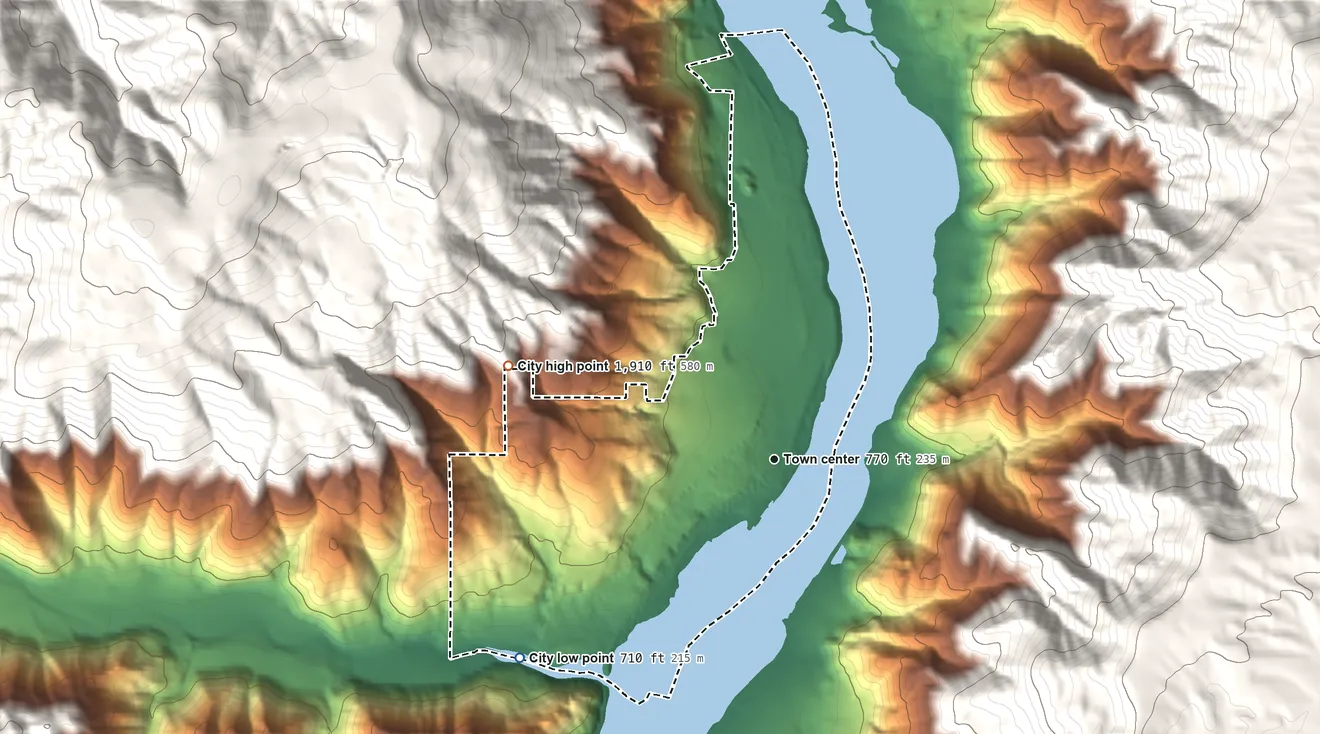 Topographic elevation map of Entiat, Washington, shaded from 710 ft on the southwest side to 1,910 ft on the west edge, below higher ground just outside