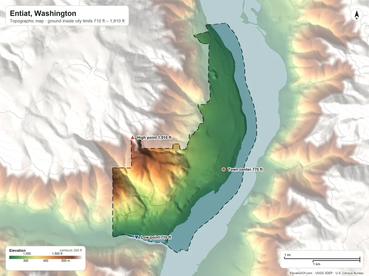 Topographic elevation map of Entiat, Washington, shaded from 710 ft on the southwest side to 1,910 ft on the west edge, below higher ground just outside
