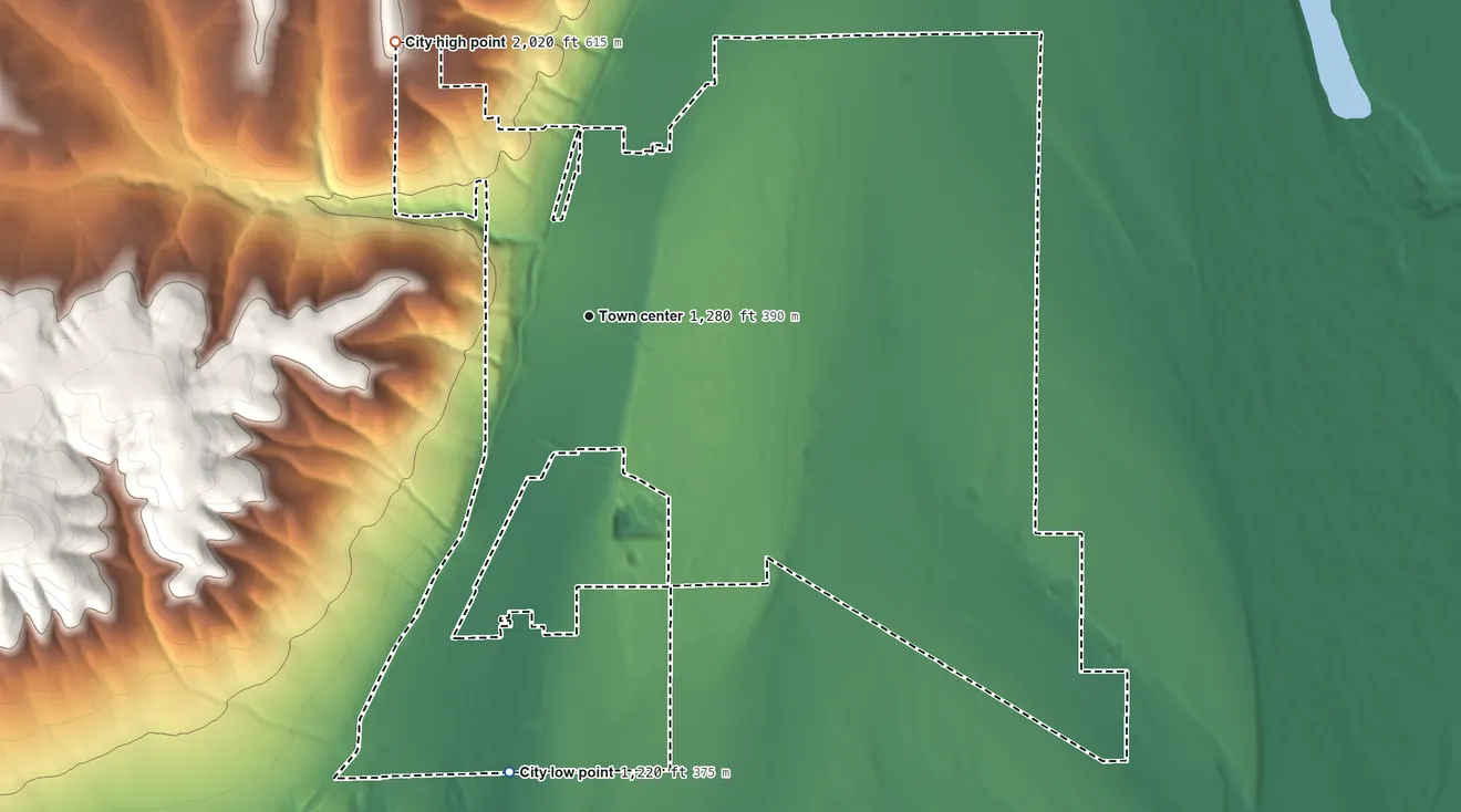Topographic elevation map of Ephrata, Washington, shaded from 1,220 ft on the south side to 2,020 ft on the northwest side
