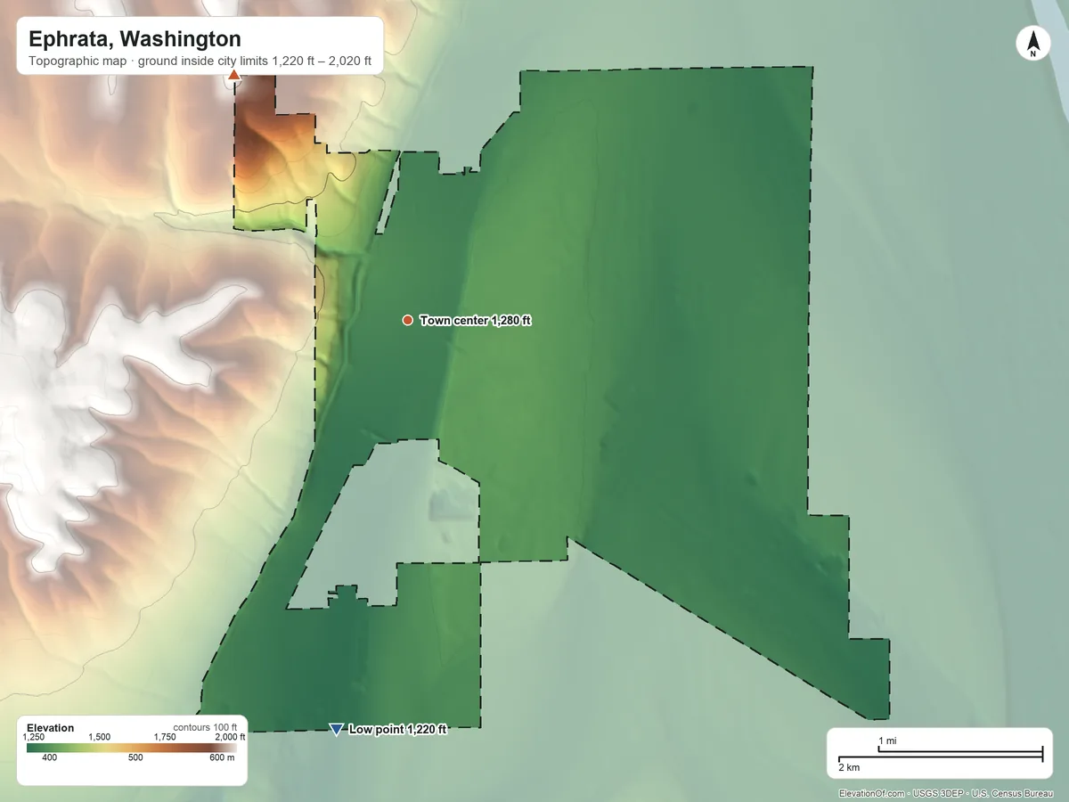 Topographic elevation map of Ephrata, Washington, shaded from 1,220 ft on the south side to 2,020 ft on the northwest side