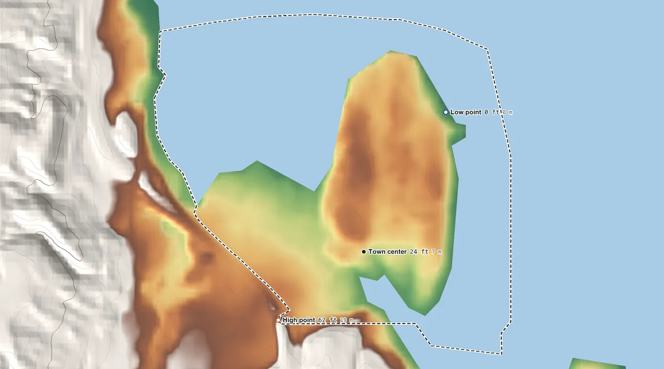 Topographic elevation map of Erlands Point, Washington, shaded from sea level level on Dyes Inlet to 62 ft on the southwest edge, below higher ground just outside