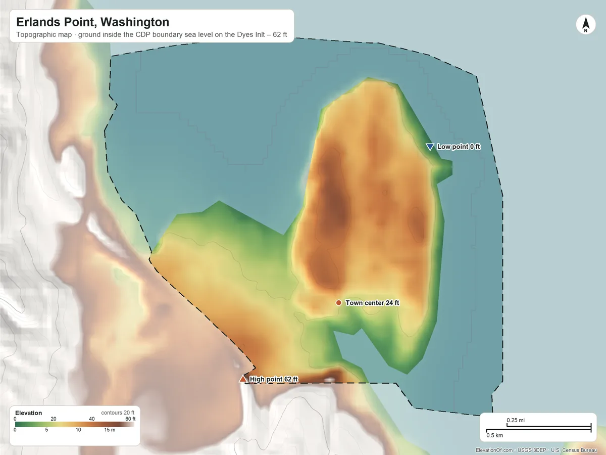 Topographic elevation map of Erlands Point, Washington, shaded from sea level level on Dyes Inlet to 62 ft on the southwest edge, below higher ground just outside