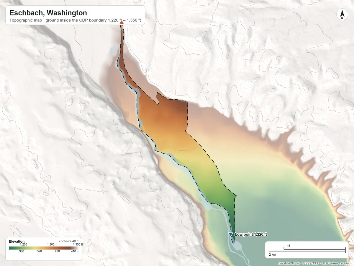 Topographic elevation map of Eschbach, Washington, shaded from 1,220 ft on the southeast side to 1,350 ft on the northwest edge, below higher ground just outside