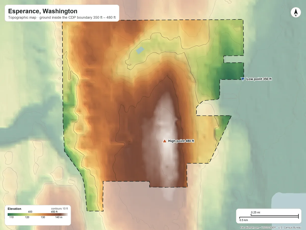 Topographic elevation map of Esperance, Washington, shaded from 350 ft on the east side to 480 ft on the southeast side