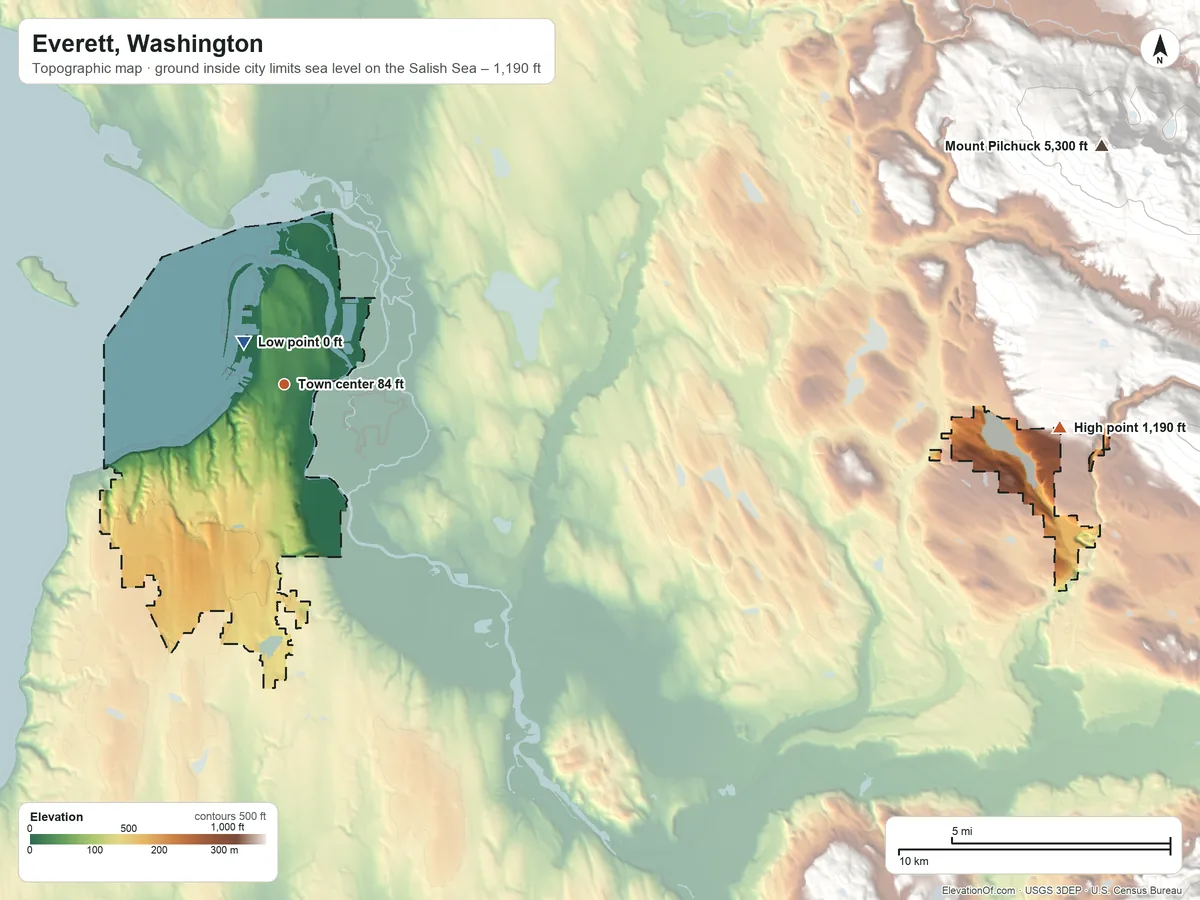 Topographic elevation map of Everett, Washington, shaded from sea level level on the Salish Sea to 1,190 ft on the east edge, below higher ground just outside