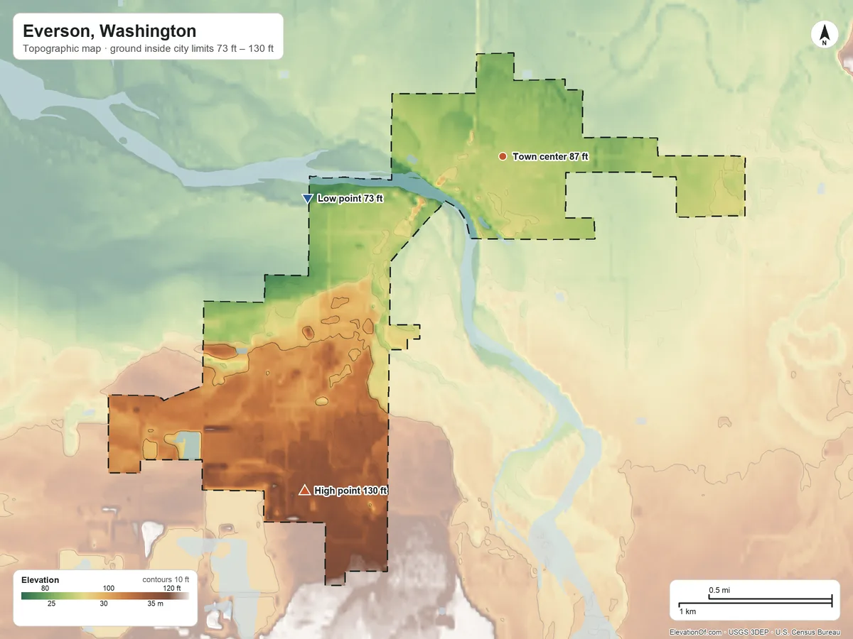 Topographic elevation map of Everson, Washington, shaded from 73 ft on the west side to 130 ft on the southwest side