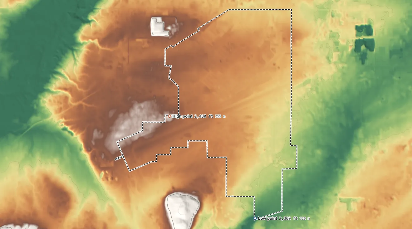 Topographic elevation map of Fairchild AFB, Washington, shaded from 2,360 ft on the south side to 2,480 ft on the southwest side