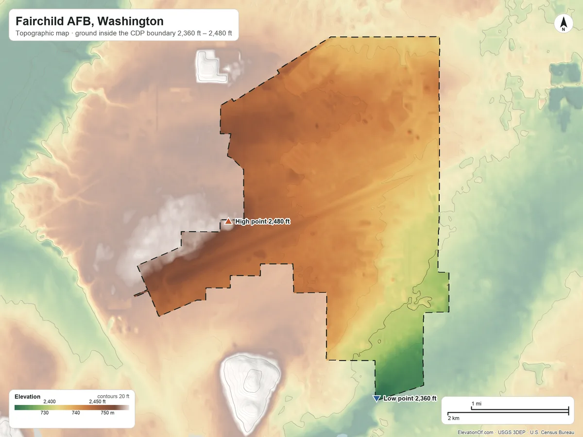Topographic elevation map of Fairchild AFB, Washington, shaded from 2,360 ft on the south side to 2,480 ft on the southwest side