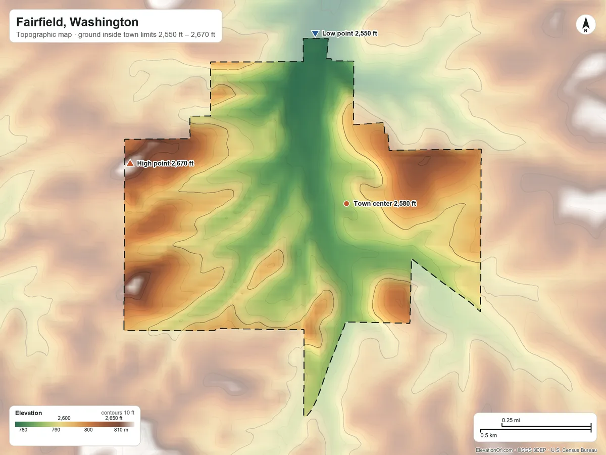 Topographic elevation map of Fairfield, Washington, shaded from 2,550 ft on the north side to 2,670 ft on the west side