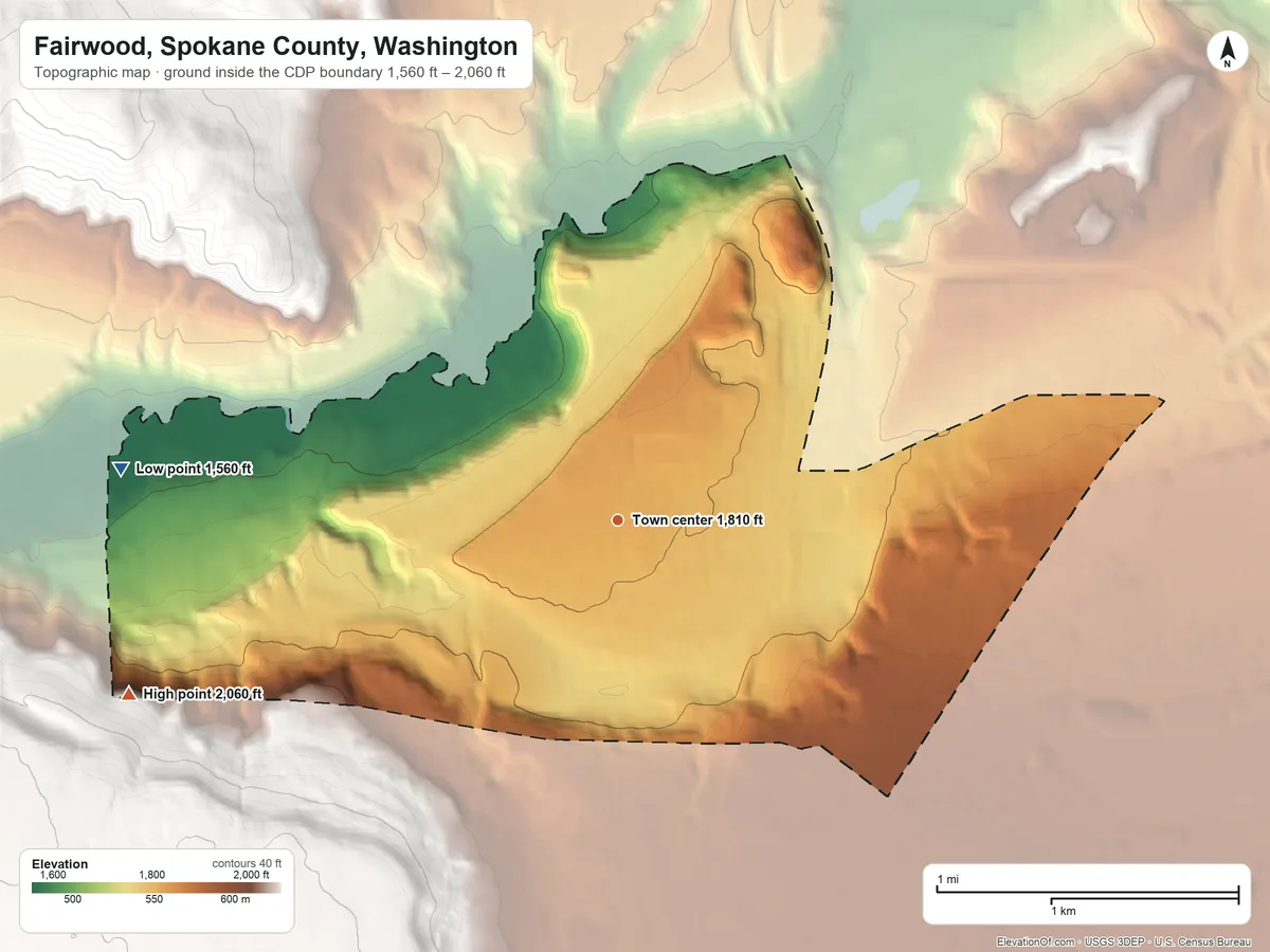 Topographic elevation map of Fairwood, Spokane County, Washington, shaded from 1,560 ft on the west side to 2,060 ft on the west edge, below higher ground just outside