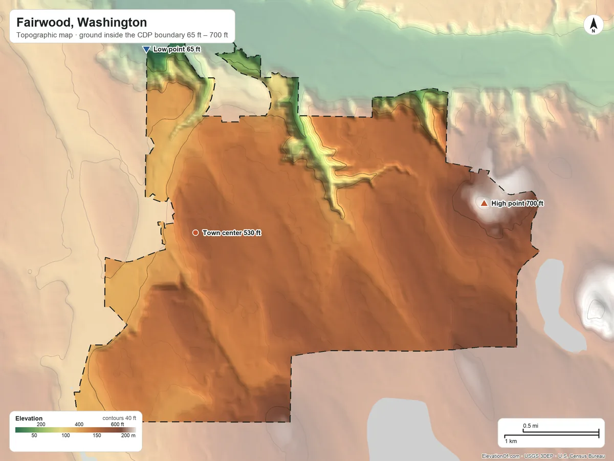 Topographic elevation map of Fairwood, Washington, shaded from 65 ft on the north side to 700 ft on the east side