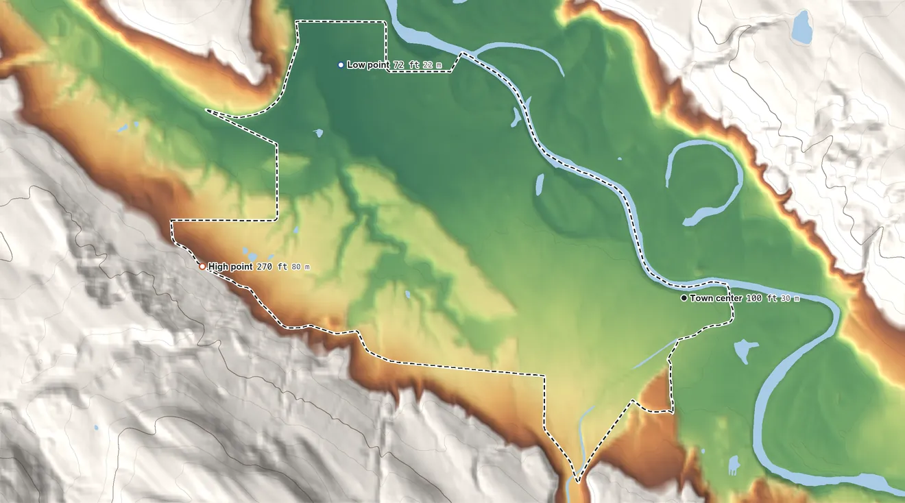 Topographic elevation map of Fall City, Washington, shaded from 72 ft on the northwest side to 270 ft on the west edge, below higher ground just outside