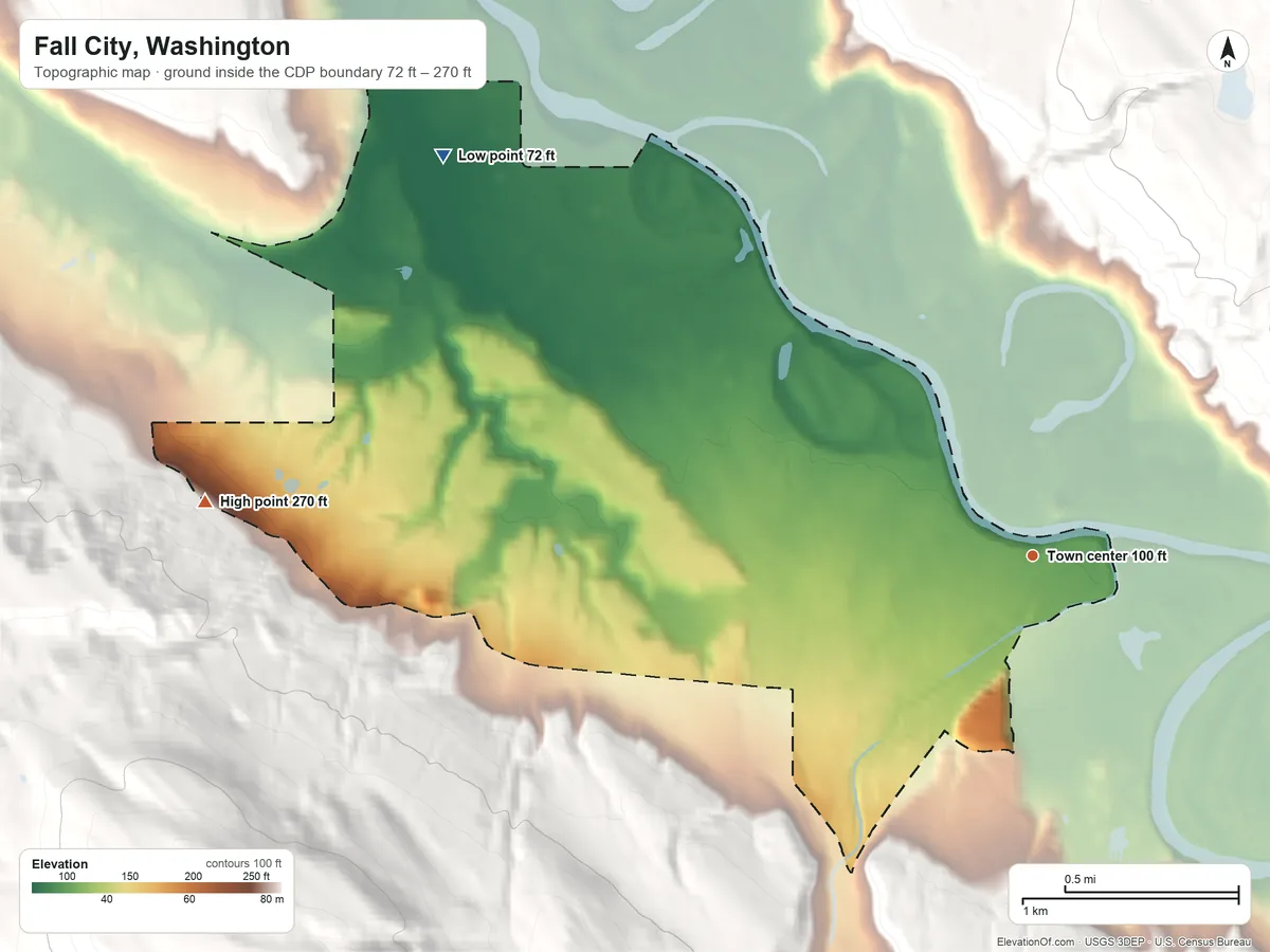 Topographic elevation map of Fall City, Washington, shaded from 72 ft on the northwest side to 270 ft on the west edge, below higher ground just outside