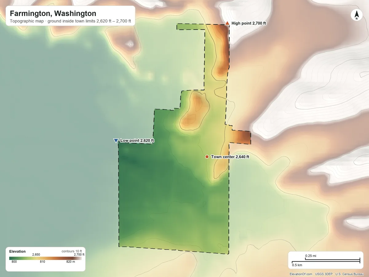 Topographic elevation map of Farmington, Washington, shaded from 2,620 ft on the west side to 2,700 ft on the north edge, below higher ground just outside