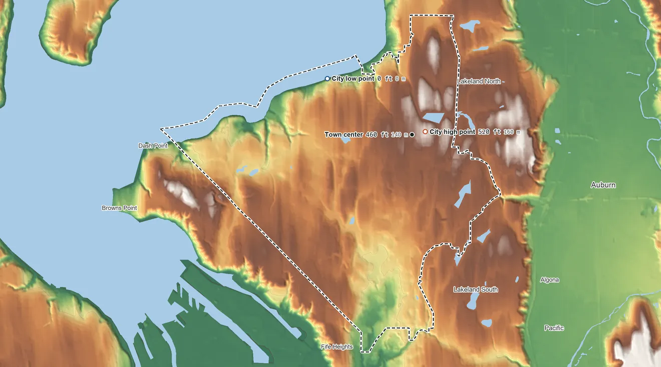 Topographic elevation map of Federal Way, Washington, shaded from sea level level on Puget Sound to 520 ft near the middle