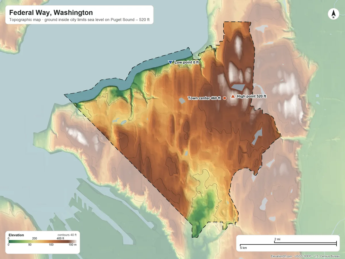 Topographic elevation map of Federal Way, Washington, shaded from sea level level on Puget Sound to 520 ft near the middle