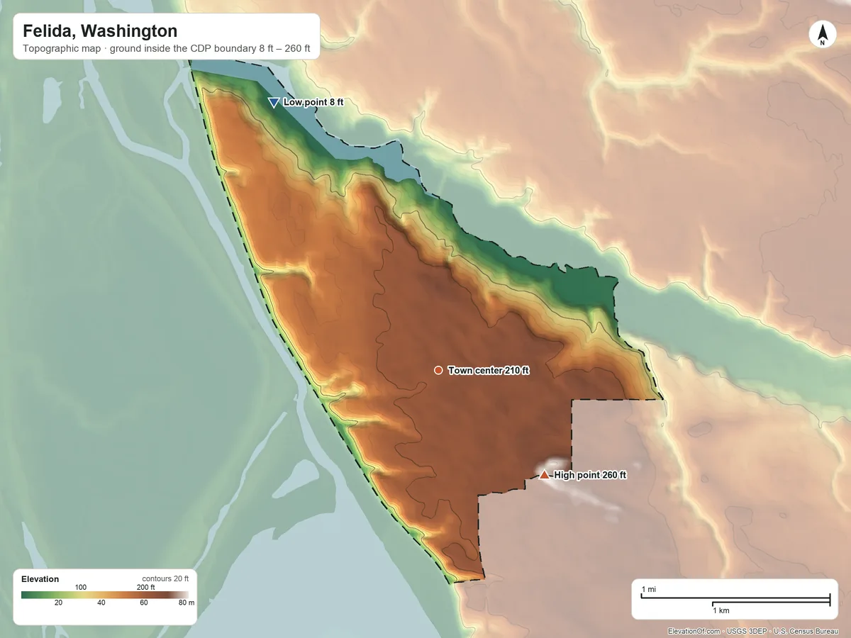 Topographic elevation map of Felida, Washington, shaded from 8 ft on the northwest side to 260 ft on the southeast side