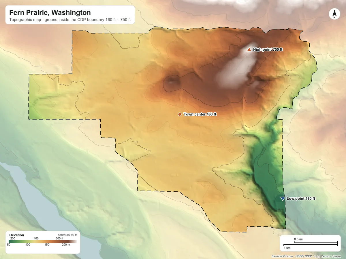 Topographic elevation map of Fern Prairie, Washington, shaded from 160 ft on the southeast side to 750 ft on the northeast edge, below higher ground just outside