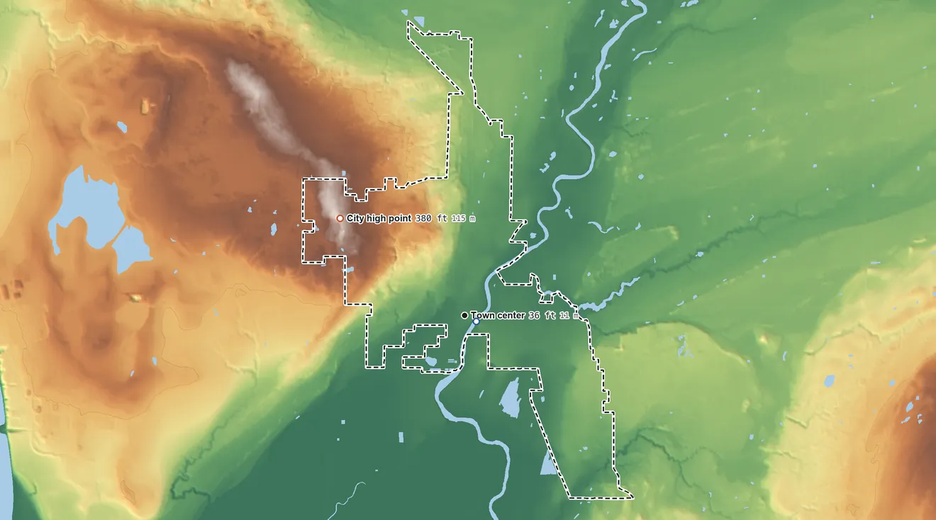 Topographic elevation map of Ferndale, Washington, shaded from 14 ft near the middle to 380 ft on the northwest side