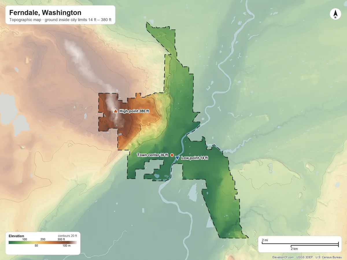 Topographic elevation map of Ferndale, Washington, shaded from 14 ft near the middle to 380 ft on the northwest side