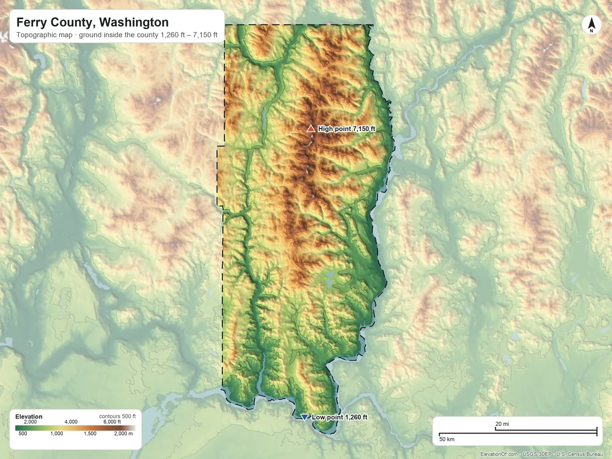 Topographic elevation map of Ferry County, Washington, shaded from 1,260 ft on the south side to 7,150 ft on Copper Butte