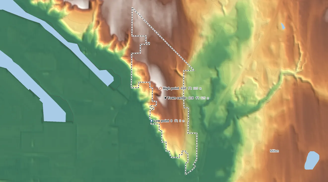 Topographic elevation map of Fife Heights, Washington, shaded from 8 ft on the southwest side to 440 ft near the middle