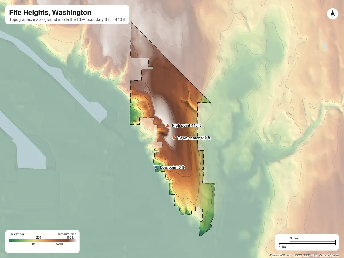 Topographic elevation map of Fife Heights, Washington, shaded from 8 ft on the southwest side to 440 ft near the middle