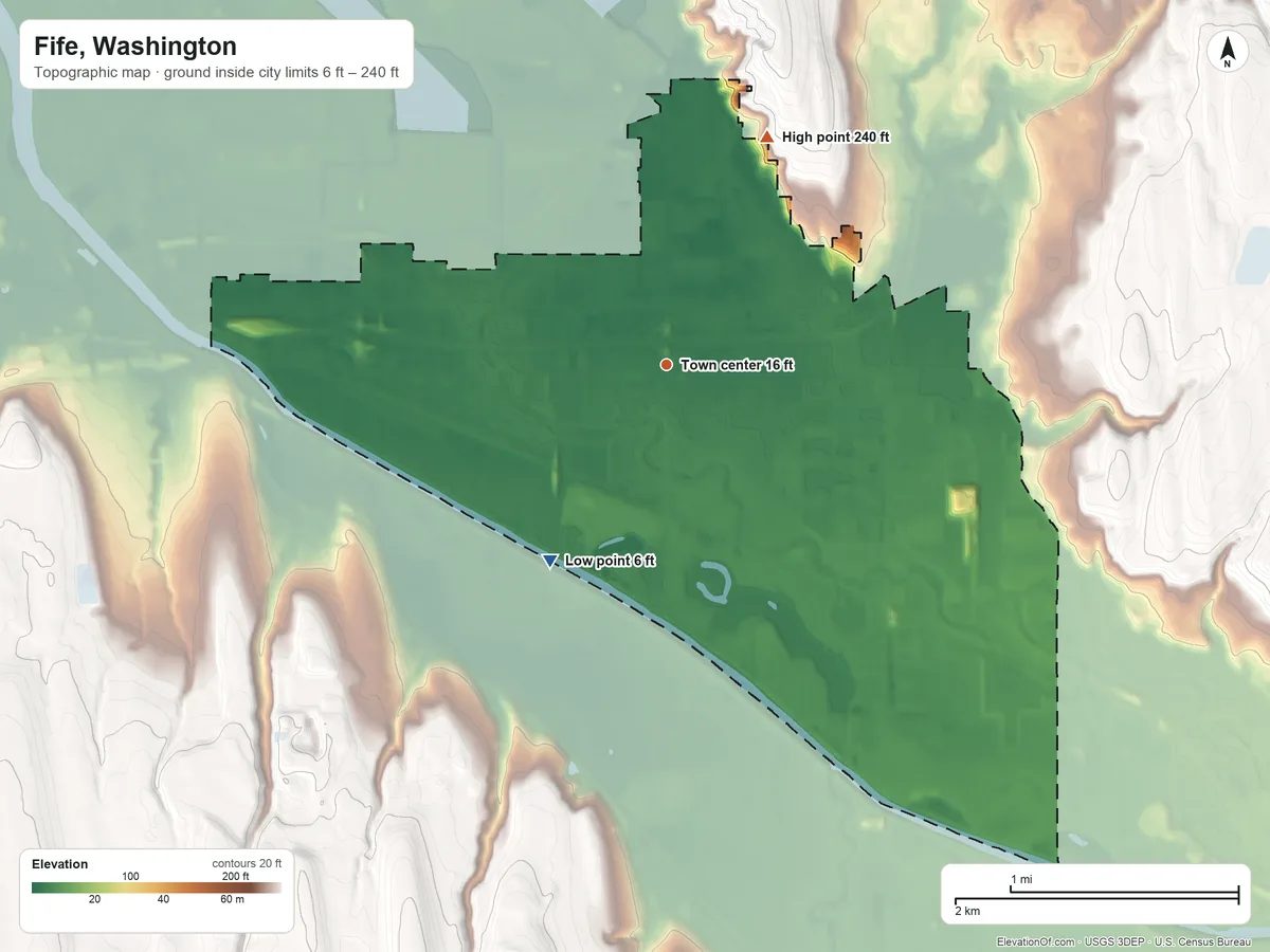 Topographic elevation map of Fife, Washington, shaded from 6 ft on the southwest side to 240 ft on the northeast side