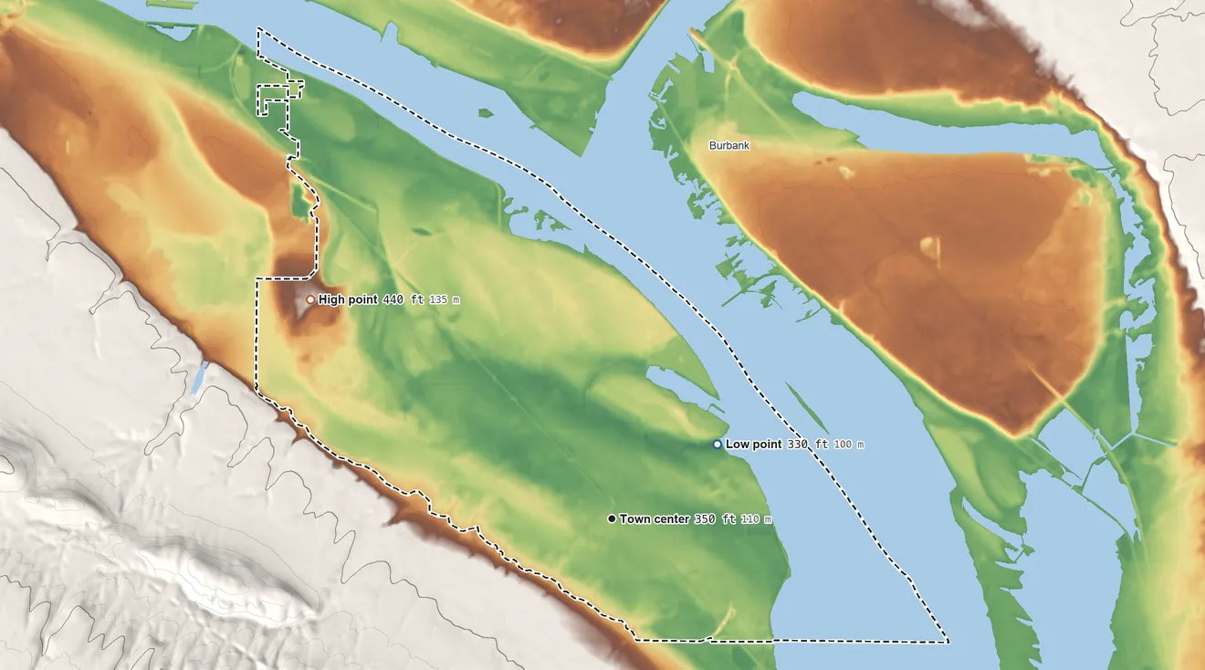 Topographic elevation map of Finley, Washington, shaded from 330 ft on the northeast side to 440 ft on the northwest side