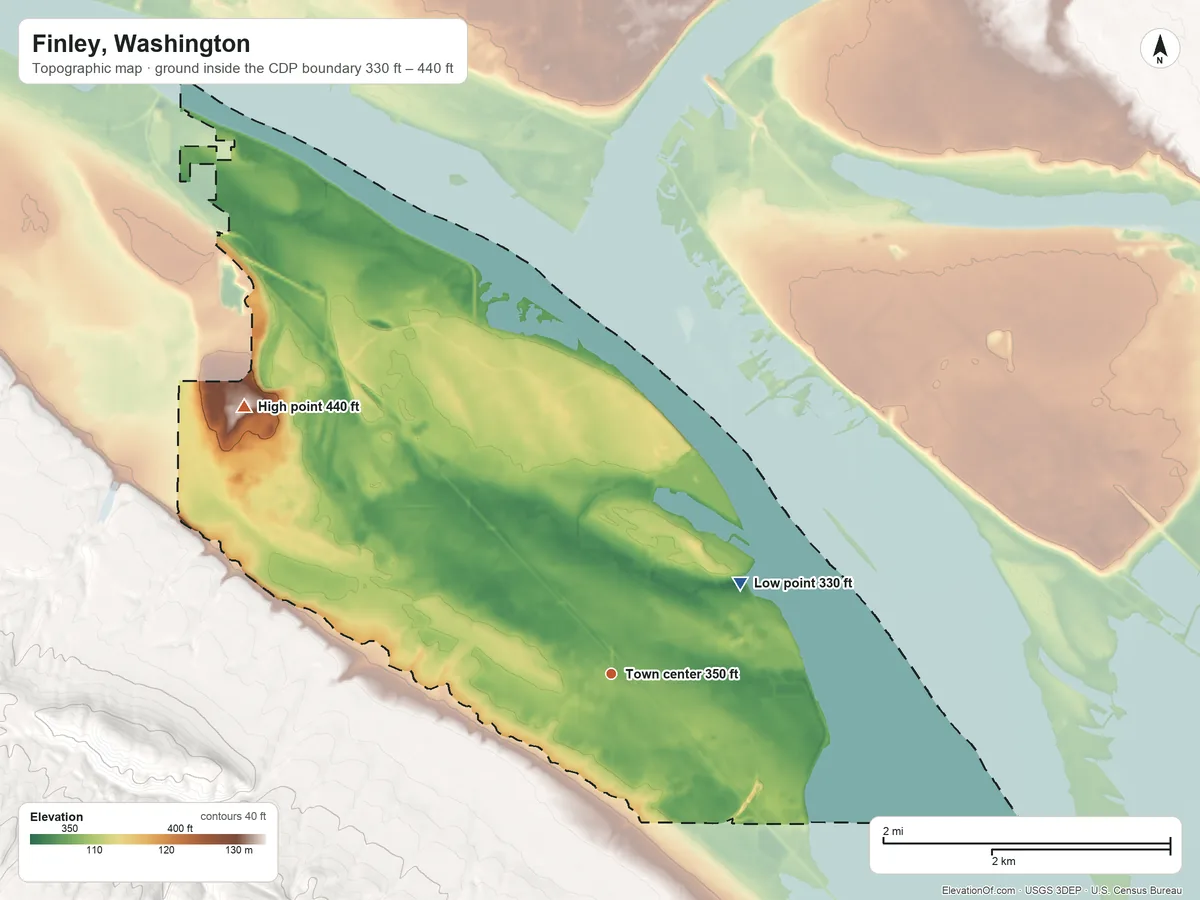 Topographic elevation map of Finley, Washington, shaded from 330 ft on the northeast side to 440 ft on the northwest side