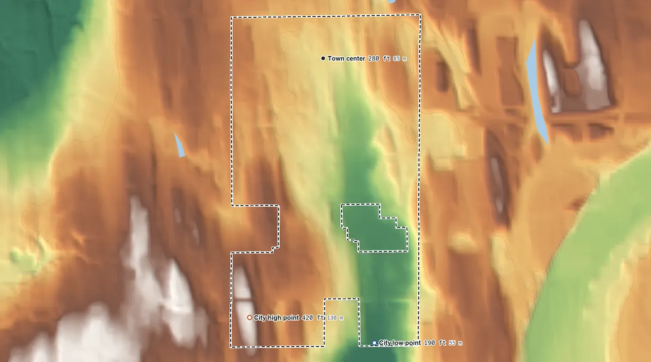 Topographic elevation map of Fircrest, Washington, shaded from 190 ft on the south side to 420 ft on the south side