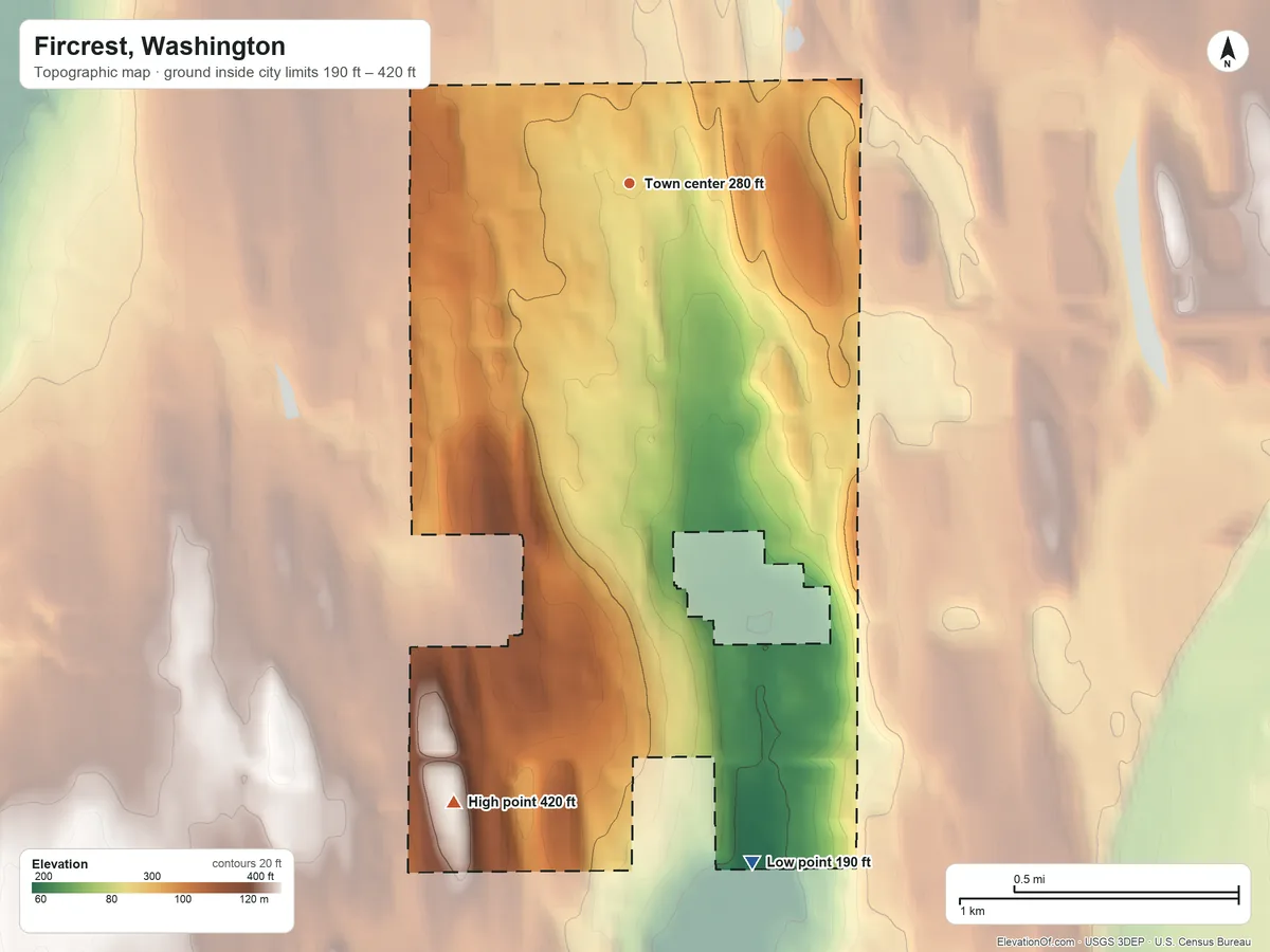 Topographic elevation map of Fircrest, Washington, shaded from 190 ft on the south side to 420 ft on the south side