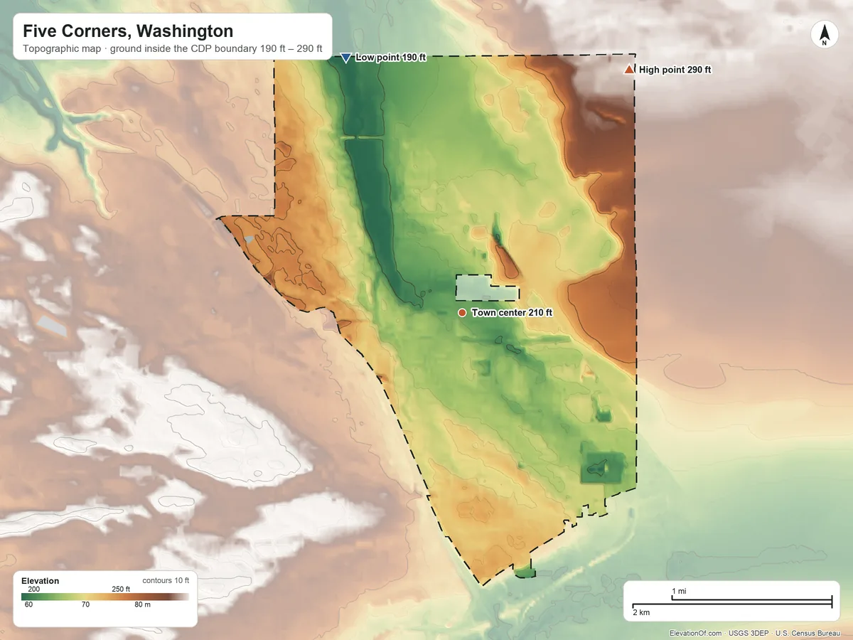 Topographic elevation map of Five Corners, Washington, shaded from 190 ft on the northwest side to 290 ft on the northeast side