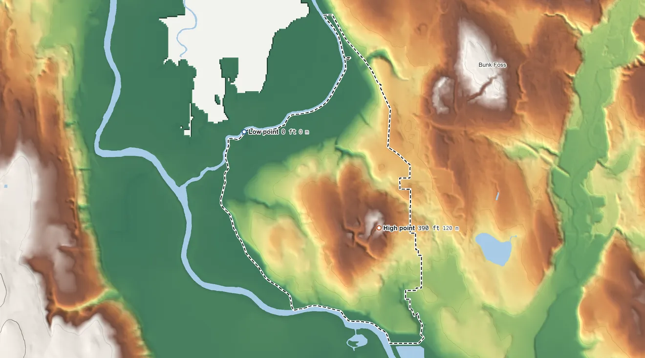 Topographic elevation map of Fobes Hill, Washington, shaded from 0 ft on the northwest side to 390 ft near the middle