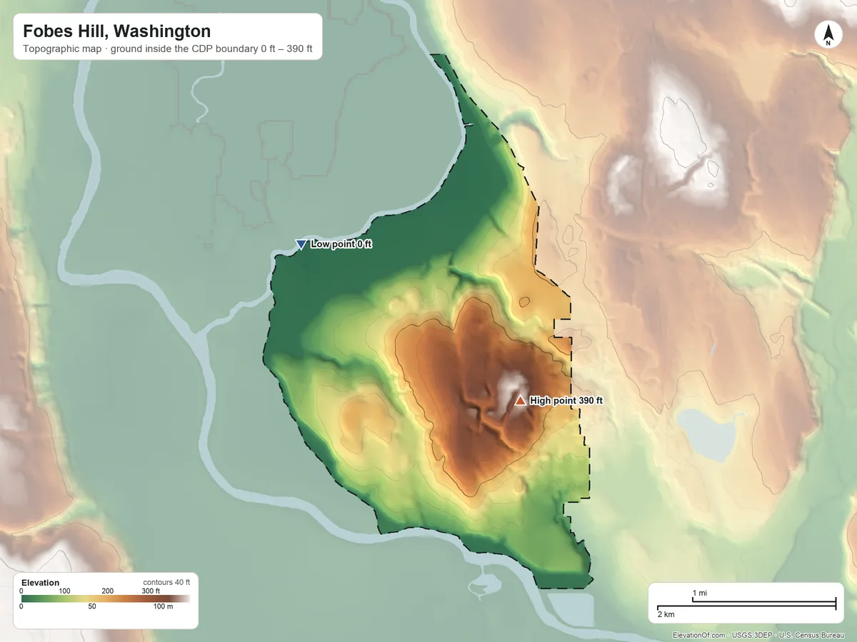 Topographic elevation map of Fobes Hill, Washington, shaded from 0 ft on the northwest side to 390 ft near the middle