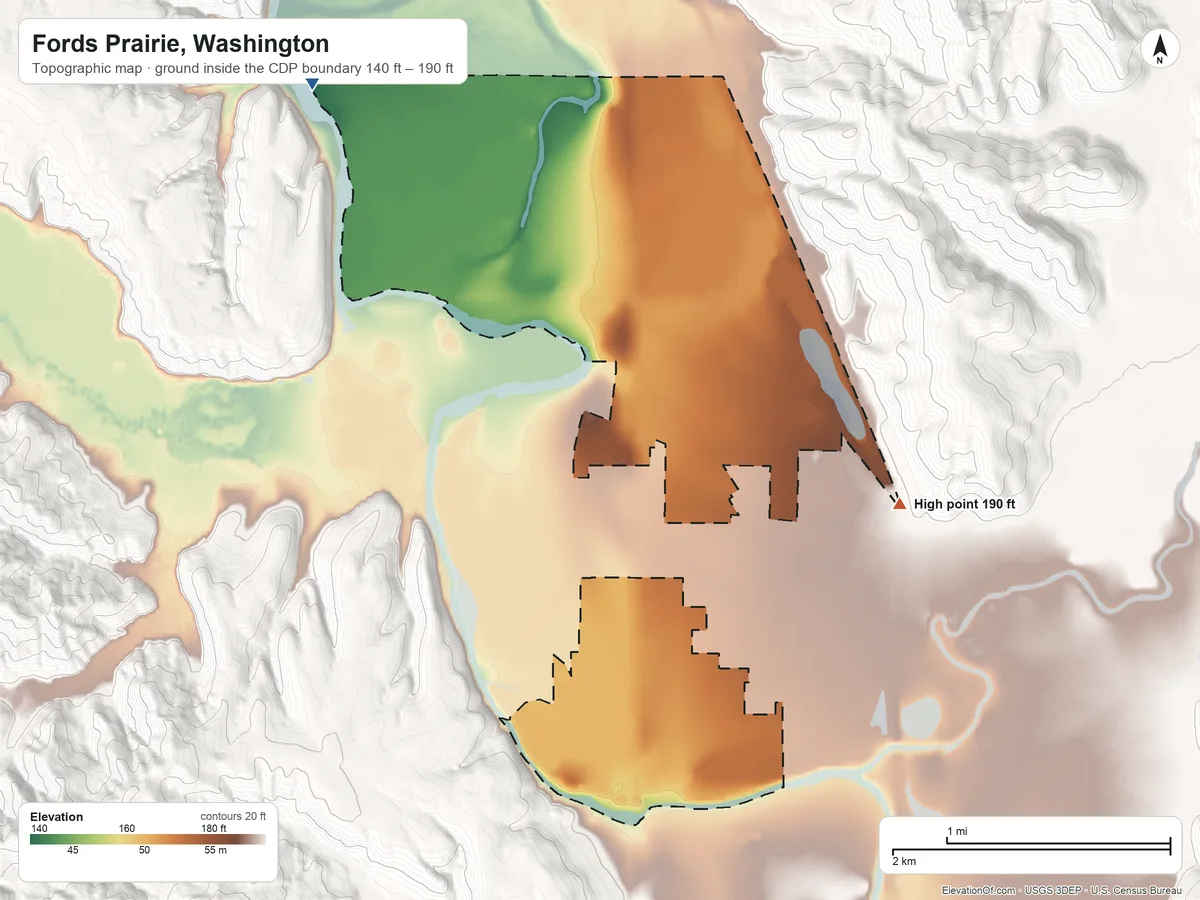 Topographic elevation map of Fords Prairie, Washington, shaded from 140 ft on the northwest side to 190 ft on the east edge, below higher ground just outside