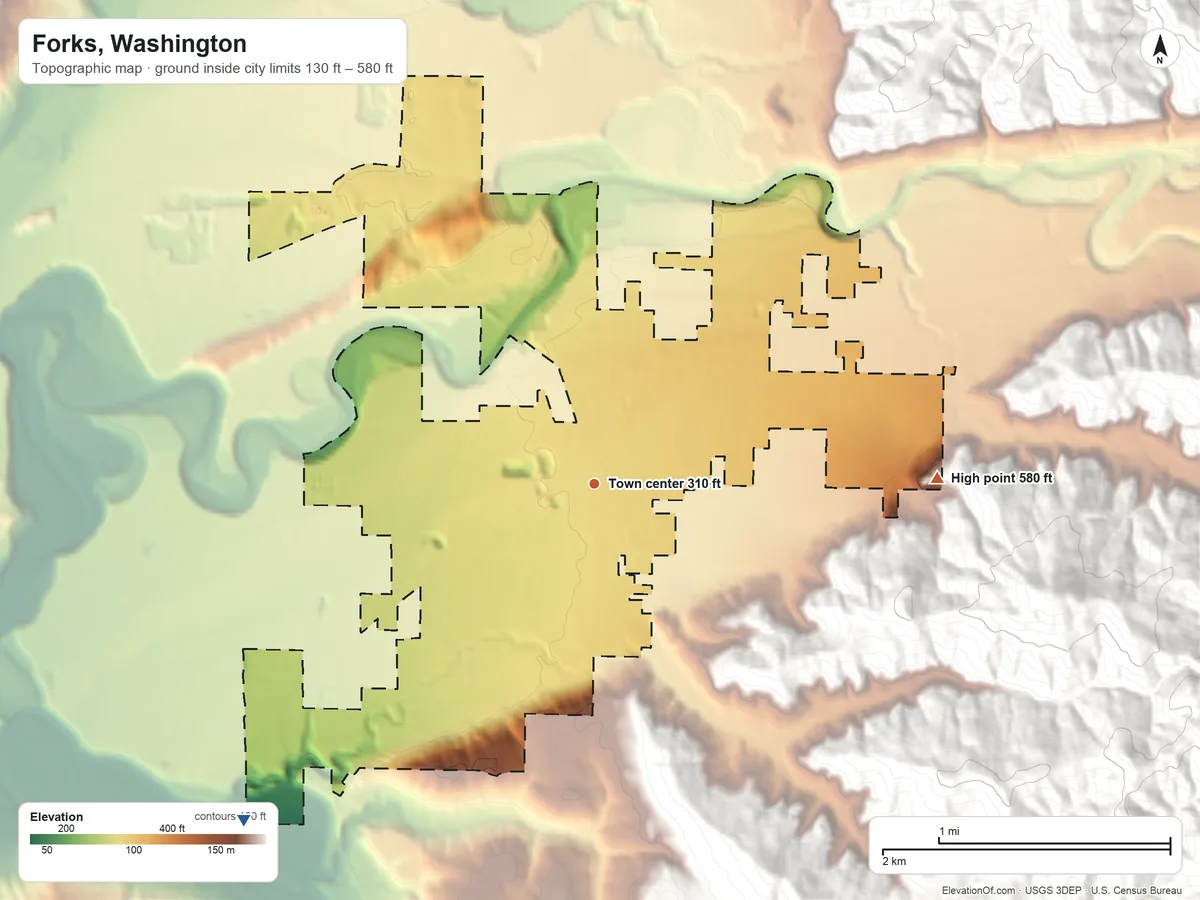 Topographic elevation map of Forks, Washington, shaded from 130 ft on the southwest side to 580 ft on the east edge, below higher ground just outside
