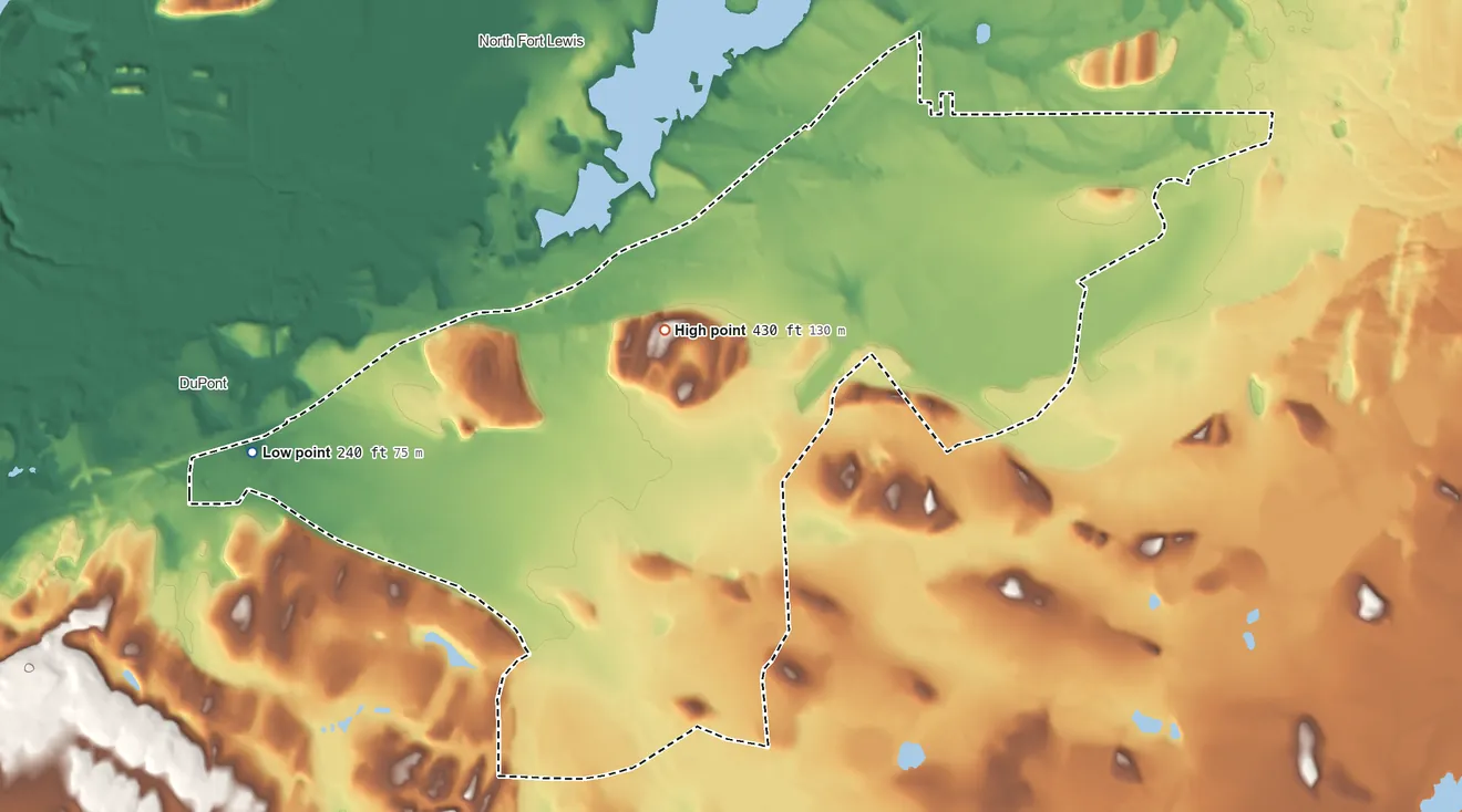 Topographic elevation map of Fort Lewis, Washington, shaded from 240 ft on the west side to 430 ft on Miller Hill