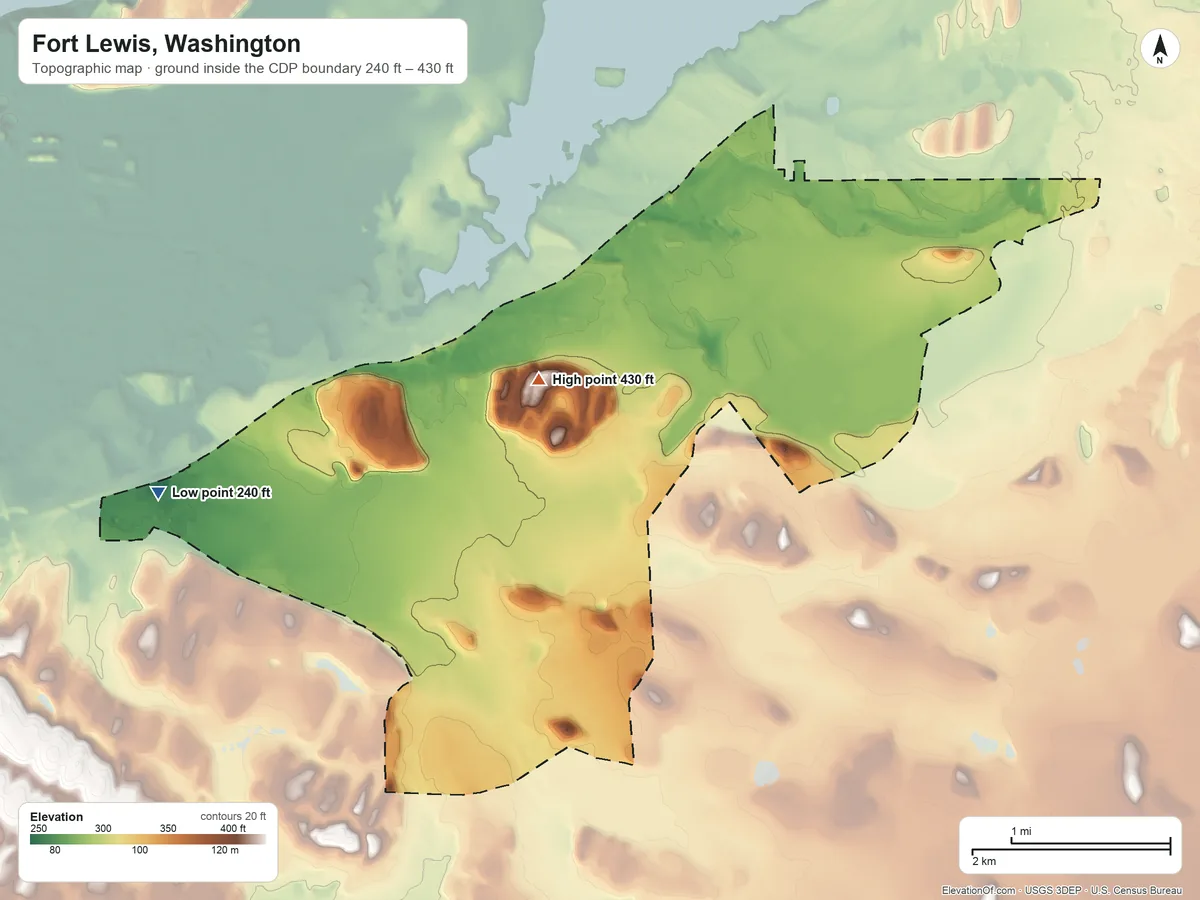 Topographic elevation map of Fort Lewis, Washington, shaded from 240 ft on the west side to 430 ft on Miller Hill