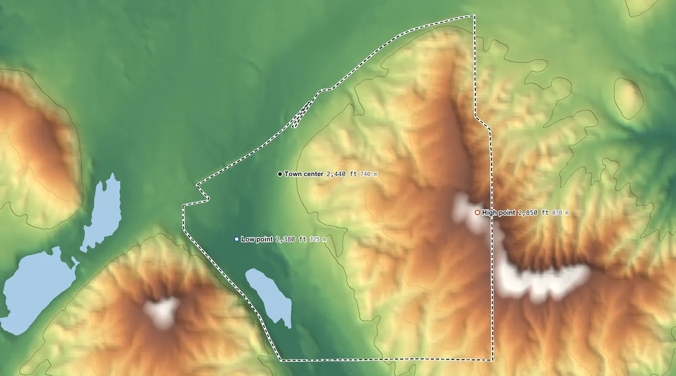 Topographic elevation map of Four Lakes, Washington, shaded from 2,380 ft on the southwest side to 2,850 ft on the east side