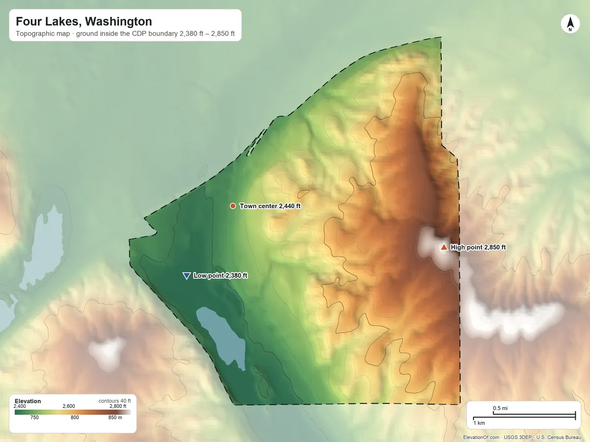 Topographic elevation map of Four Lakes, Washington, shaded from 2,380 ft on the southwest side to 2,850 ft on the east side