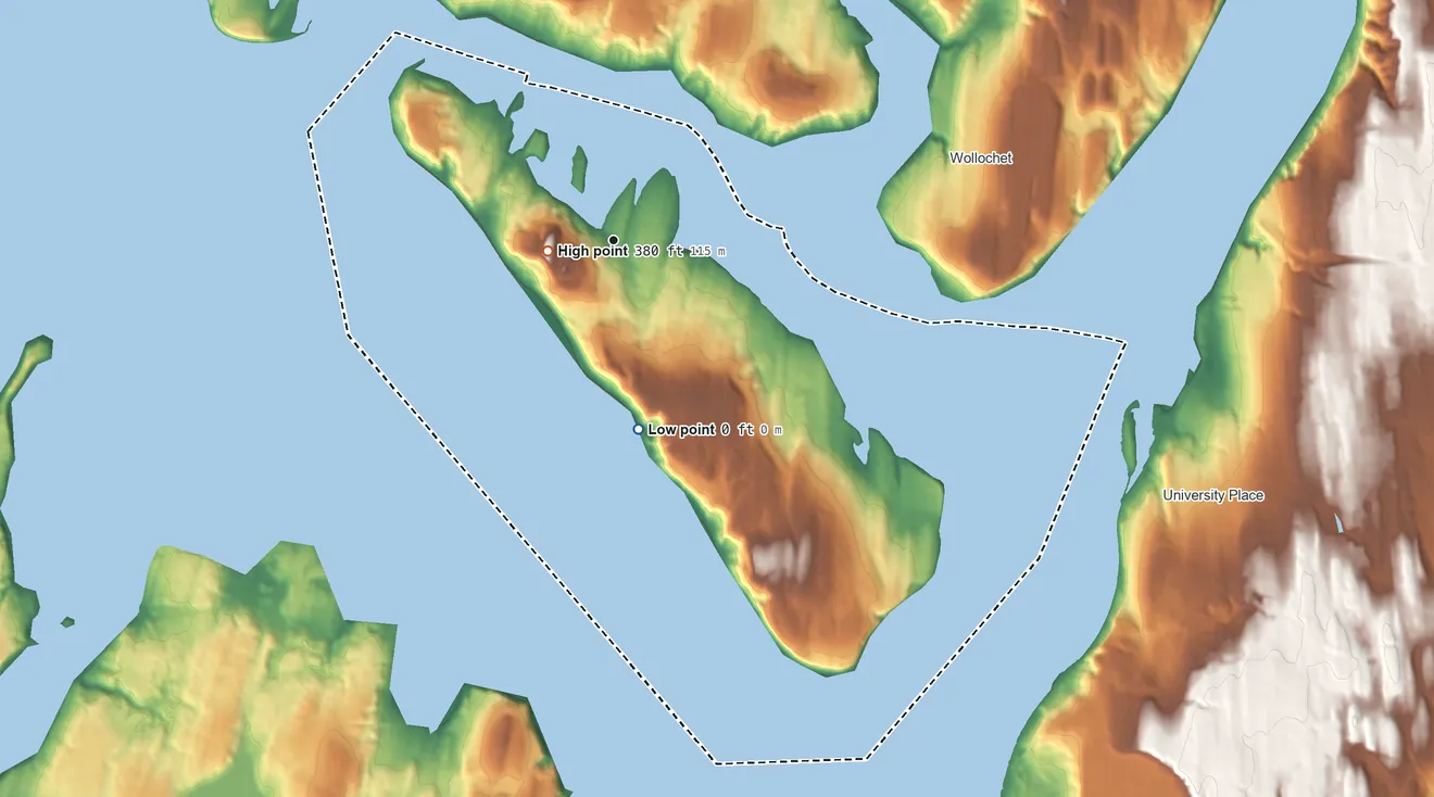 Topographic elevation map of Fox Island, Washington, shaded from sea level level on the Salish Sea to 380 ft near the middle
