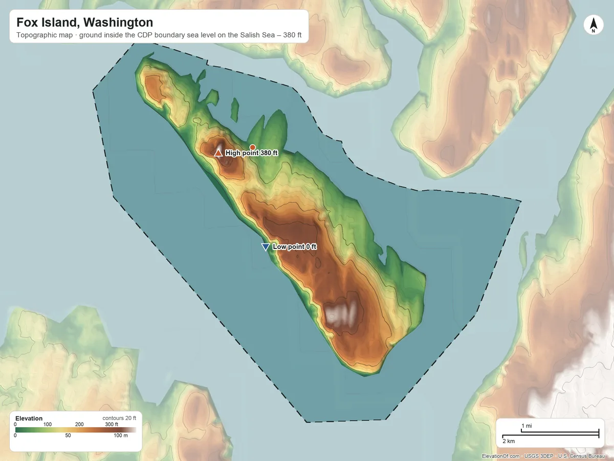 Topographic elevation map of Fox Island, Washington, shaded from sea level level on the Salish Sea to 380 ft near the middle