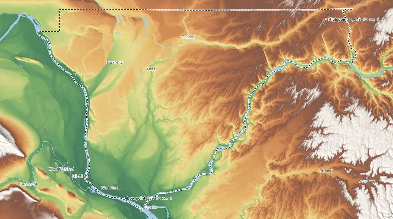 Topographic elevation map of Franklin County, Washington, shaded from 330 ft on the southwest side to 1,640 ft on the northeast side