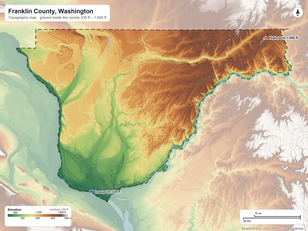Topographic elevation map of Franklin County, Washington, shaded from 330 ft on the southwest side to 1,640 ft on the northeast side